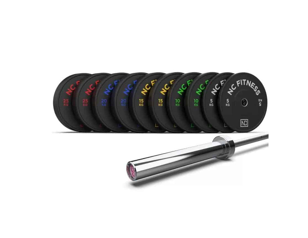 Olympic Bumper Plates (150Kg) + Barbell (15Kg) Set in Black