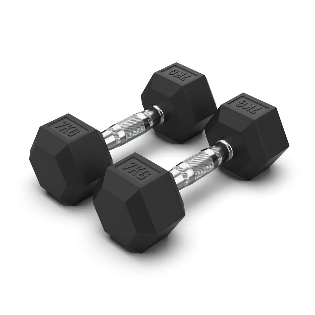 Pair of 7kg hexagonal rubber coated dumbbells for strength training.