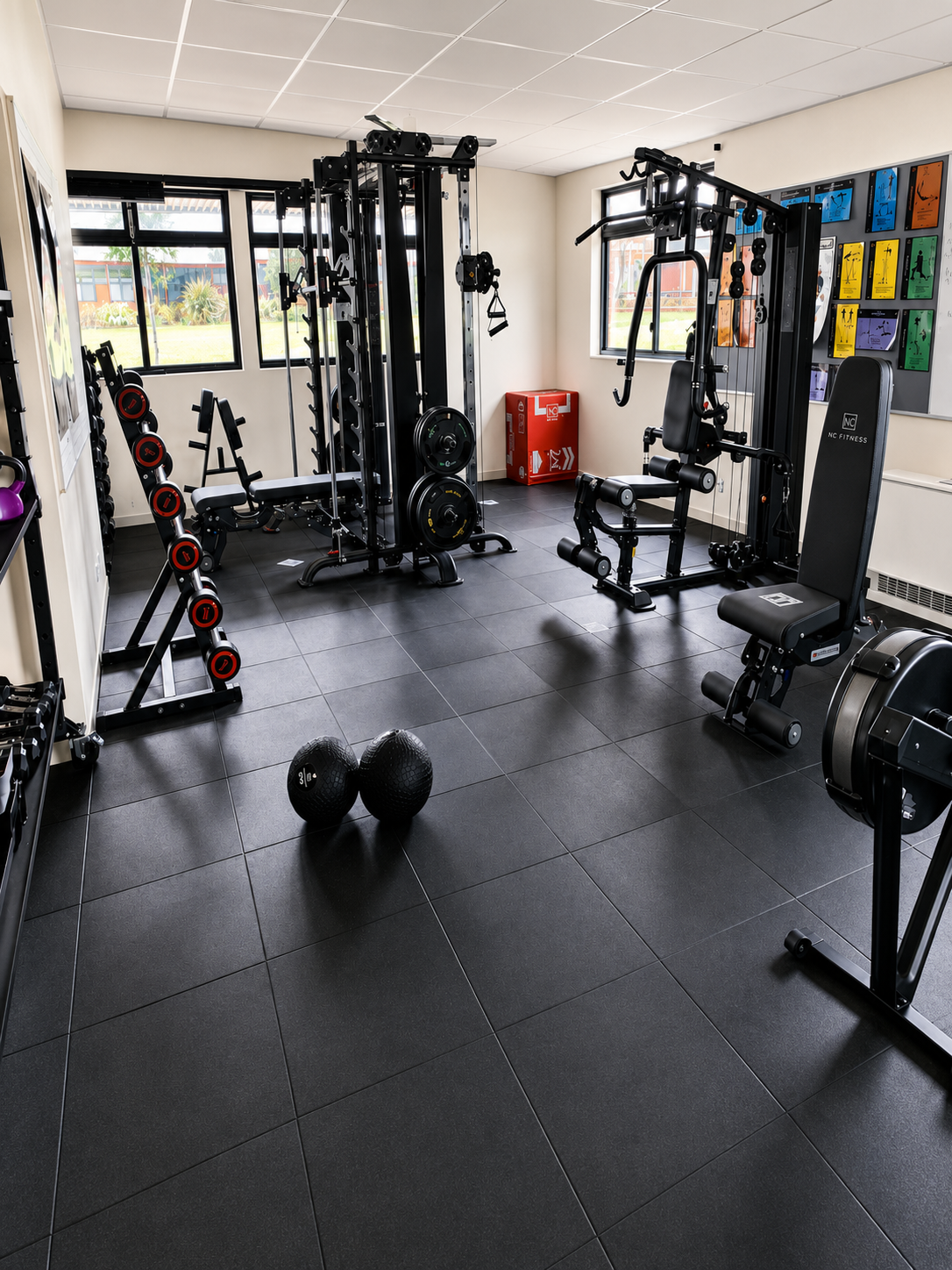 A spacious home gym interior with black rubber flooring, featuring multiple pieces of fitness equipment including a cable machine, weight bench, dumbbell rack, and medicine balls.