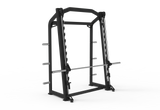 Commercial heavy-duty black steel squat rack with barbell for strength training.