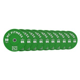 Set of green 10kg NC Fitness training weight plates for gym barbell training.