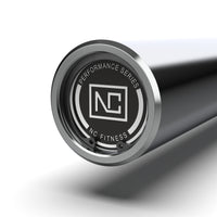 Close up of Olympic Power Bar sleeve NC Fitness branding
