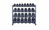 Four-tier black metal dumbbell rack filled with hexagonal rubber coated dumbbells.