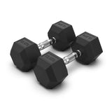 Two pair of 12.5kg black hexagonal rubber dumbbells on a white background