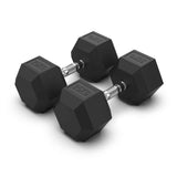 Three black hexagonal 25kg dumbbells on a white background.