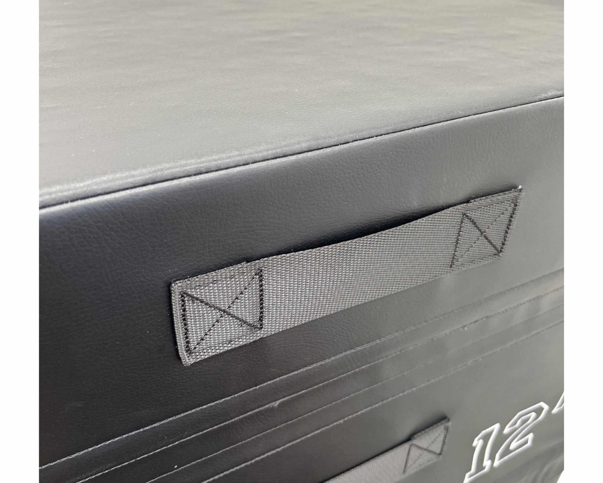 Close up of the sturdy handles on the black three in one plyometric boxes
