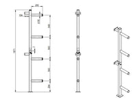 Technical line drawing showing three views of a metal support post with dimensions and bolt connection details on a white background.