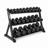 Three-tier black metal dumbbell rack with hexagonal weight dumbbells.