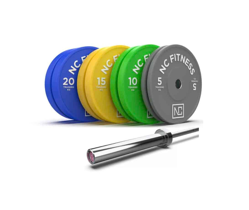 Olympic Bumper Plates (100Kg) + Barbell (15Kg) Set