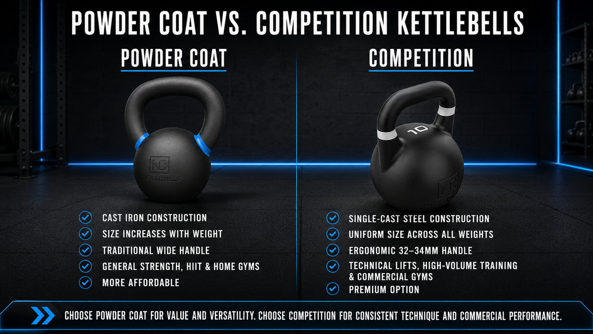 An infographic comparison graphic titled 'POWDER COAT VS. COMPETITION KETTLEBELL' set against a dark gym background with blue lighting.