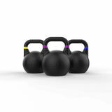 NC Fitness competition kettlebell set in 12kg, 16kg, and 20kg black weights.