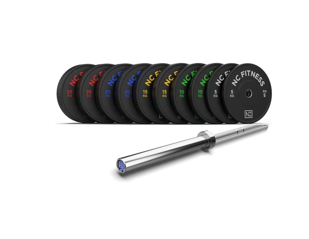 Olympic Bumper Plates (150Kg) + Barbell (20Kg) Set in Black